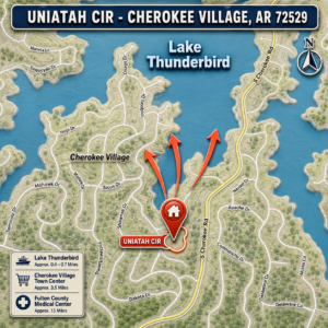 Discover an enticing Arkansas & Walk to the Lake Thunderbird -A residential lot nestled near the serene shores of Lake Omaha, perfectly primed for constructing your dream home or placing a charming mobile home. Cherokee Village- Utilities at the property and road frontage: APN: 350-19675-000