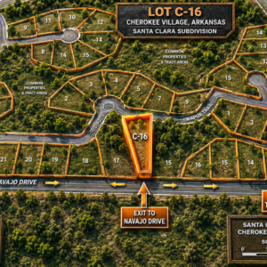1.34 acre residential lot nestled near Hwy 175 and the serene shores of Lake Omaha, perfectly primed for constructing your dream home or placing a charming mobile home. Cherokee Village- Utilities at the property and road frontage: APN: 390-20828-000