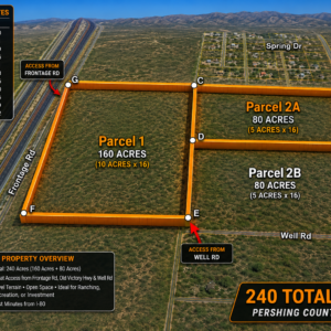 240 Acres of Nevada Opportunity!  Own 240 adjoining acres in Pershing County with excellent frontage along Historic Old U.S. Hwy 40!  Perfect for a private ranch, off-grid retreat, residential development, commercial potential, or long-term investment. With wide-open space, great access, and endless possibilities, this is a rare chance to own a major piece of Nevada.  240 Acres • Highway Frontage • Two Parcels • Huge Potential!
