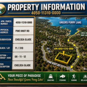 DISCOVER GREERS FERRY LAKE PROPERTY WITH UTILITEIS IN VAN BUREN ARKANSAS!  Crystal-Clear Water • Ozark Scenery • Endless Adventure  Welcome to Greers Ferry Lake, one of Arkansas’s most beautiful outdoor destinations. Known for its clear blue water, scenic shoreline, wooded hills, and year-round recreation, the lake is perfect for boating, fishing, swimming, kayaking, hiking, camping, and relaxing by the water.  APN: 4050-11310-0000