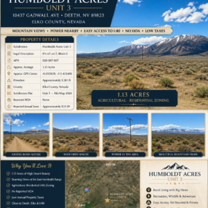 1.13 Acres in Humboldt Acres — Elko County, Nevada • Power Nearby • Mountain Views • Agricultural-Residential • Easy I-80 Access! APN: 020-007-0077