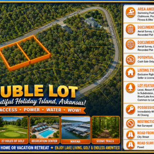 SPECIAL OPPORTUNITY RARE DOUBLE LOT IN HOLIDAY ISLAND, ARKANSAS — LAKE LIVING, GOLF & OZARK BEAUTY!  Two adjoining lots available with road access, power and water — ready for your future home, vacation getaway, or investment! The county appraised each lot at $15,000.00! APN: 320-03816-000 /17
