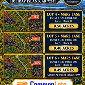 AVAILABLE 1.5 ACRES- RARE TRIPPLE LOT IN HOLIDAY ISLAND, ARKANSAS — LAKE LIVING, GOLF & OZARK BEAUTY!  Three adjoining lots available with road access, power and water — ready for your future home, vacation getaway, or investment! The county appraised each lot at $7,500! APN: 320-00884/85/86