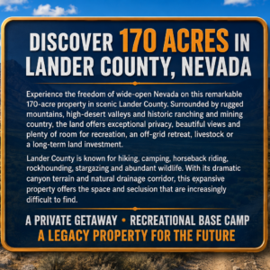 Gold Country Is Booming Again — Own 170 Acres of Nevada Freedom! Discover an extraordinary opportunity to own approximately 170 acres in Crescent Valley, Lander County, Nevada. This remarkable property consists of six adjoining parcels, giving you the flexibility to keep the entire acreage together, develop it over time, or hold the individual parcels as a long-term investment. Running Creek in Crescent Valley with majestic views!  APN: 007-640-05