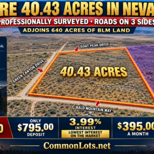 RARE 40.43-ACRE NEVADA PROPERTY Professionally Surveyed • Roads on Three Sides • Adjoins 640 Acres of BLM Land!  Amazing Views! The property is zoned A-3 Agricultural in Lander County, with residential use also permitted. APN:  007-220-90