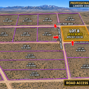 RARE 40.43-ACRE NEVADA PROPERTY Professionally Surveyed • Roads on Three Sides • Adjoins 640 Acres of BLM Land!  Amazing Views! The property is zoned A-3 Agricultural in Lander County, with residential use also permitted. APN:  007-220-90