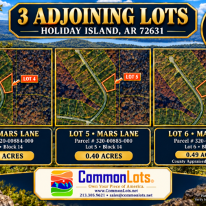 AVAILABLE 1.5 ACRES- RARE TRIPPLE LOT IN HOLIDAY ISLAND, ARKANSAS — LAKE LIVING, GOLF & OZARK BEAUTY!  Three adjoining lots available with road access, power and water — ready for your future home, vacation getaway, or investment! The county appraised each lot at $7,500! APN: 320-00884/85/86