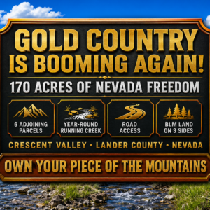 Gold Country Is Booming Again — Own 170 Acres of Nevada Freedom! Discover an extraordinary opportunity to own approximately 170 acres in Crescent Valley, Lander County, Nevada. This remarkable property consists of six adjoining parcels, giving you the flexibility to keep the entire acreage together, develop it over time, or hold the individual parcels as a long-term investment. Running Creek in Crescent Valley with majestic views!  APN: 007-640-05