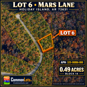 AVAILABLE 1.5 ACRES- RARE TRIPPLE LOT IN HOLIDAY ISLAND, ARKANSAS — LAKE LIVING, GOLF & OZARK BEAUTY!  Three adjoining lots available with road access, power and water — ready for your future home, vacation getaway, or investment! The county appraised each lot at $7,500! APN: 320-00884/85/86