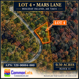 AVAILABLE 1.5 ACRES- RARE TRIPPLE LOT IN HOLIDAY ISLAND, ARKANSAS — LAKE LIVING, GOLF & OZARK BEAUTY!  Three adjoining lots available with road access, power and water — ready for your future home, vacation getaway, or investment! The county appraised each lot at $7,500! APN: 320-00884/85/86