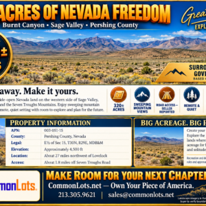 320 Acres Surrounded by BLM Government Land — East of Seven Troughs Mountain!  Imagine a private country retreat, a future home with sweeping views, or space for farming and agricultural pursuits. APN: 003-051-15