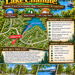 Bring your Camper and RV to the Lakes, Golf and Natural Beauty in Cherokee Village!  Build your future near Lake Chanute and the Cherokee Village South Golf Course, surrounded by peaceful woodlands, outdoor recreation and small-town charm. APN: 230-14824-000