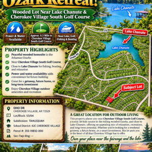 Bring your Camper & RV to the Lakes, Golf and Natural Beauty in Cherokee Village!  Build your future near Lake Chanute and the Cherokee Village South Golf Course, surrounded by peaceful woodlands, outdoor recreation and small-town charm. APN: 355-19832-000