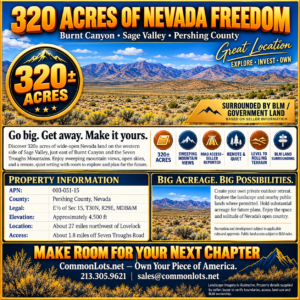 320 Acres Surrounded by BLM Government Land — East of Seven Troughs Mountain!  Imagine a private country retreat, a future home with sweeping views, or space for farming and agricultural pursuits. APN: 003-051-15