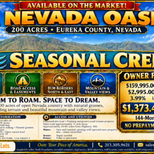 CRESCENT VALLEY NEVADA!  A SEASONAL CREEK! YOUR 200-ACRE NEVADA ESCAPE Eureka County, Nevada • Wide-Open Space • Beautiful Mountain Views Discover ! Own your piece of America!  APN: 005-340-30