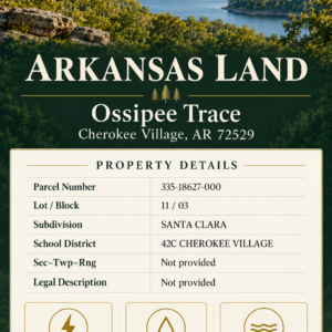 Bring your Camper and RV to the Lakes, Golf and Natural Beauty in Cherokee Village!  Build your future near Lake Chanute and the Cherokee Village South Golf Course, surrounded by peaceful woodlands, outdoor recreation and small-town charm. APN:  335-18627-000